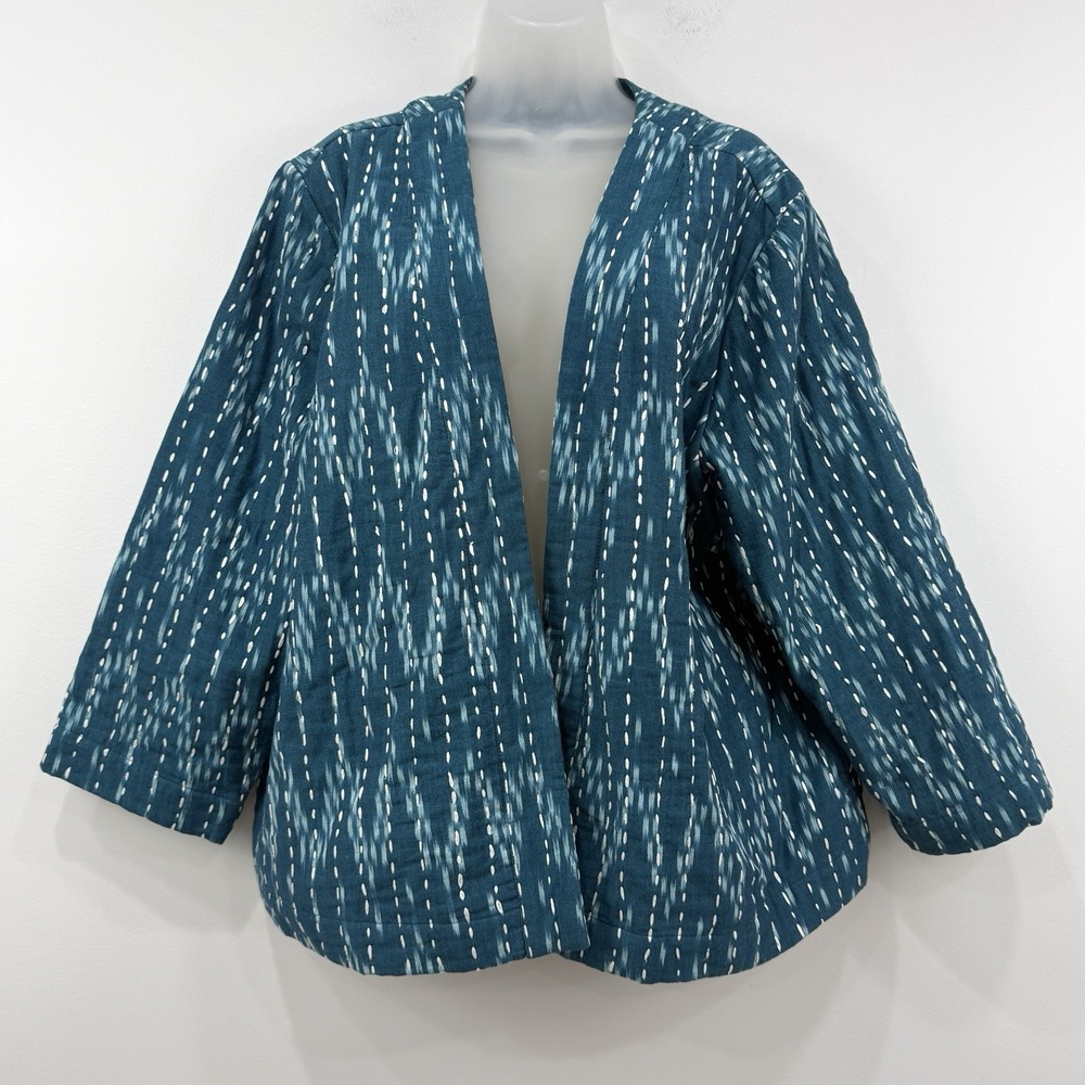 Pure J Jill Ikat Jacket Womens 2X Teal Kantha Stitch Boxy Kimono Mature Boho